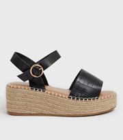 New Look Wide Fit Black Faux Croc Espadrille Chunky Sandals